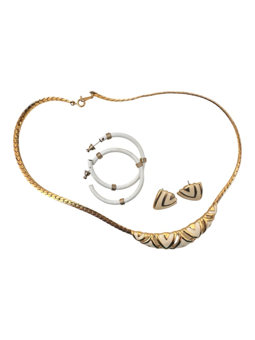 Vintage Avon Gold-Tone Necklace with White Napier Hoop and Gold Accent Earrings